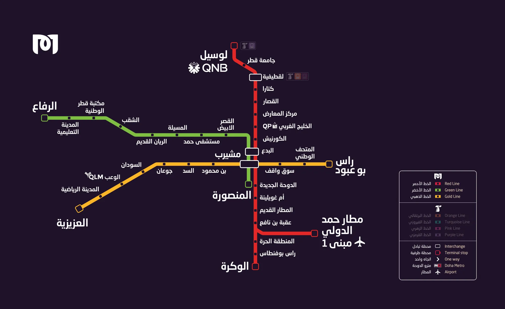 خطوط مختلفة في المرحلة الأولى لمترو قطر - خريطة مترو الدوحة